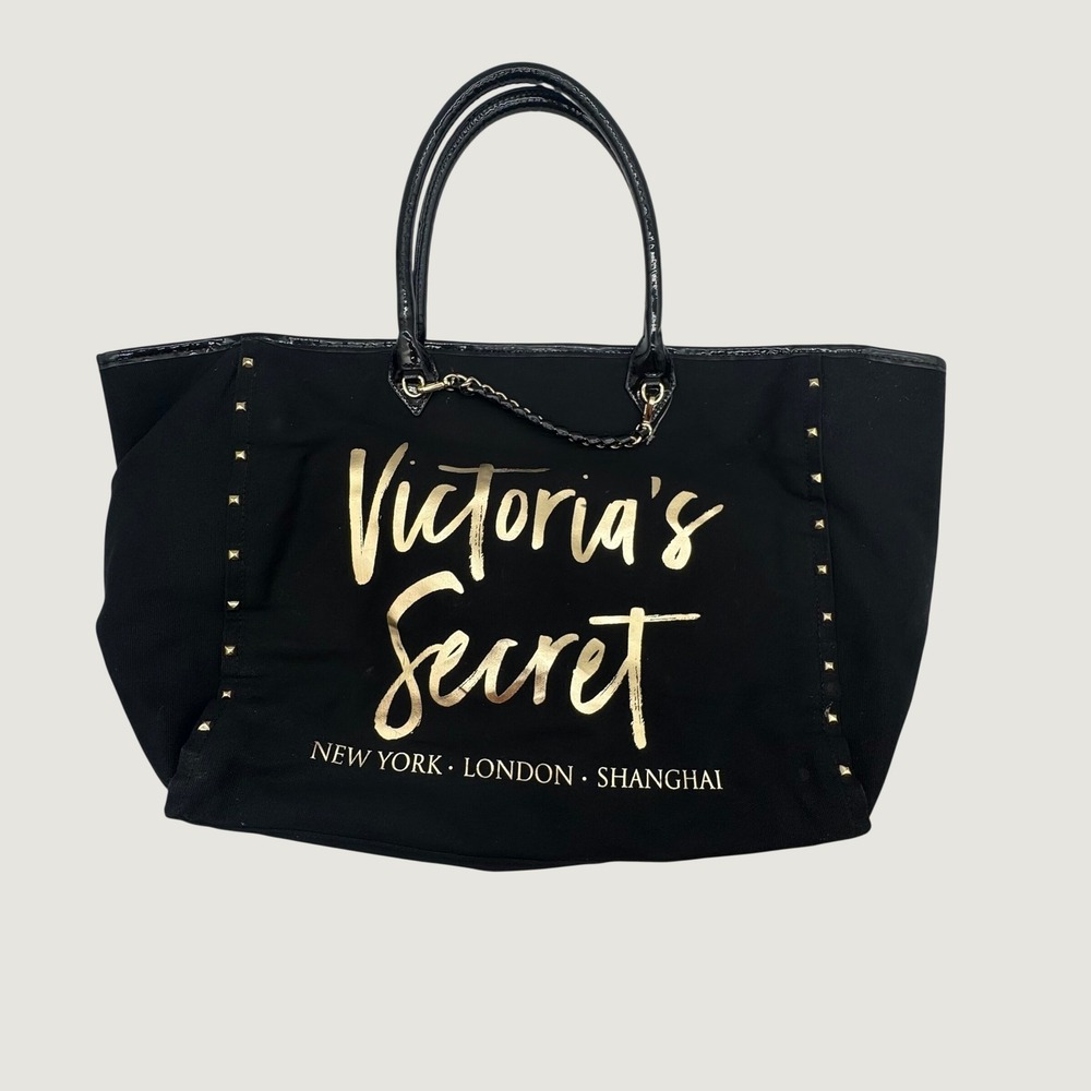 Victoria's Secret Black Gold Logo Large Canvas Tote Weekender Bag Studded